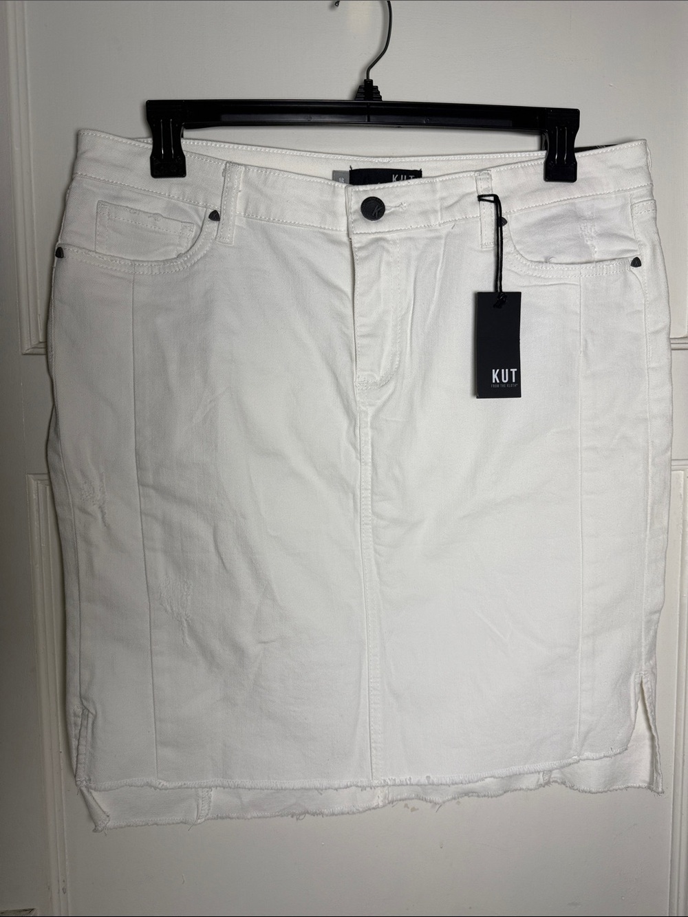 Kut from the Kloth White Denim Connie Skirt with Frayed Hem